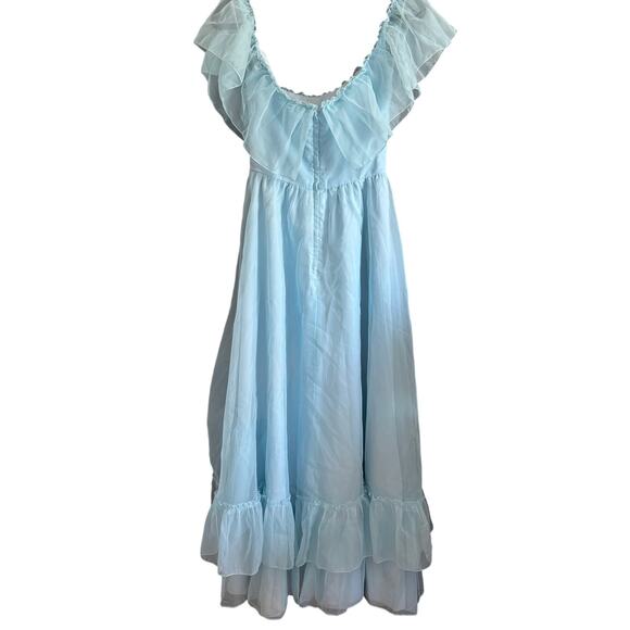 80s Vintage Baby Blue Ruffle Off Shoulder Chiffon Prom Dress with Gather Small - Picture 2 of 6